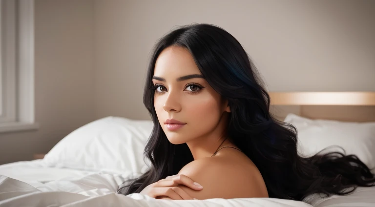 professional portrait photographer of a gorgeous girl in a white t-shirt, with long wavy black hair,Eye black,sulty Flirty look, gorgeous symmetrical Face, pretty natural makeup, ,in bed, ultra realistic, conceptual art, elegant, very detailed, complex, sharp Focus, depth oF Field, F/1. 8, 85mm, Medium shot, mid shot, (((proFessionally color graded))), bright soft diFFused light, (volumetric Fog), trending on Instagram, hdr 4k, 8k