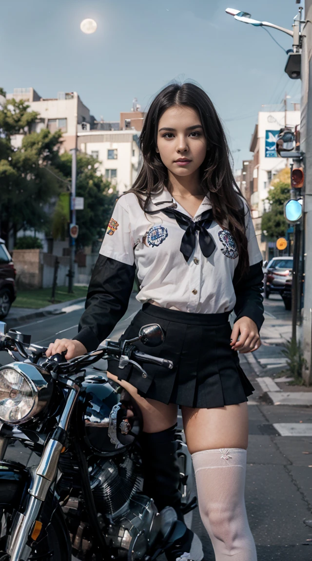 17-year-old Waifu School girl posando na frente de uma motocicleta futurista, the motorcycle has skulls and blue flames highly detailed 3D graphics, night scenery with full moon in the background, she is wearing a White SchoolUniform with 3D skulls and flames and Sailor Miniskirt, Pantyhose, HDR, epic realism, high-octane rendering, obra de arte,
