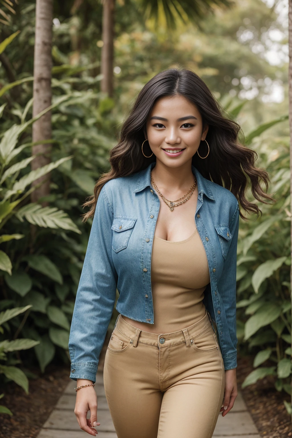 Half-length glamour portrait, nikon D850, f1.6 lens, 200mm, DSLR, 22 Megapixels, (((Strolling in a lush botanical garden scene))), shot of a stunning 19 years old korean girl, (smile:1.4), (wearing denim shirt with Beige skinny jeans:1.6), ((seductive pose)), hot girl, (((big natural breasts))), (((black fringe hair))), (small girl), symmetrical face, photorealistic, photography, (bright natural lighting), gorgeous, deep cleavage, (masterpiece), best quality, high resolution, extremely detailed, cinematic lighting, (((very narrow waist))), rich colors, hyper realistic, lifelike texture, ((jewelry)), (((She has beautiful hands and wears rings))), (bracelet), (necklace), (ankle chain), (nail polish) (earrings), Fuji Superia 200, 8k