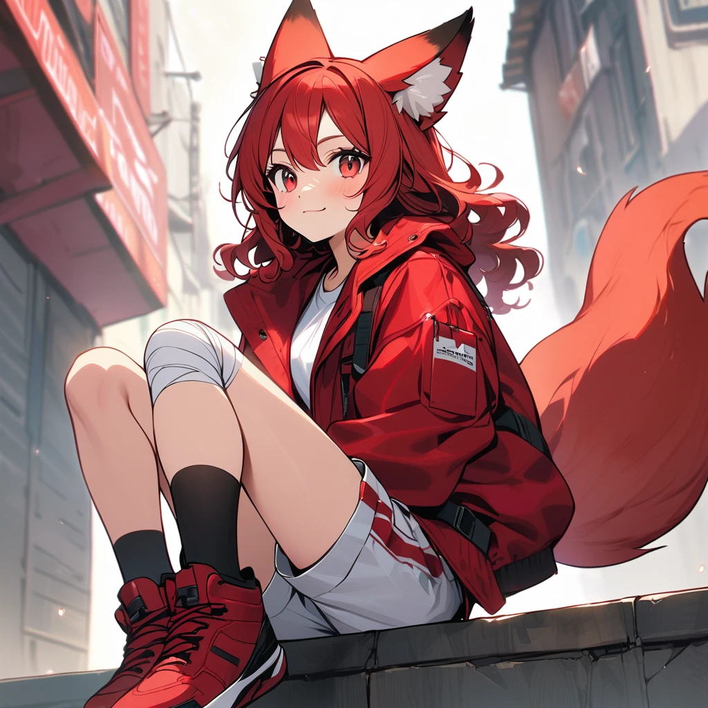 (well done:1) woman, short red, slightly wavy hair, red fox ears and tail, bulky red winter jacket with black details, white shirt, white shorts, bandage on the knee, red sneakers.