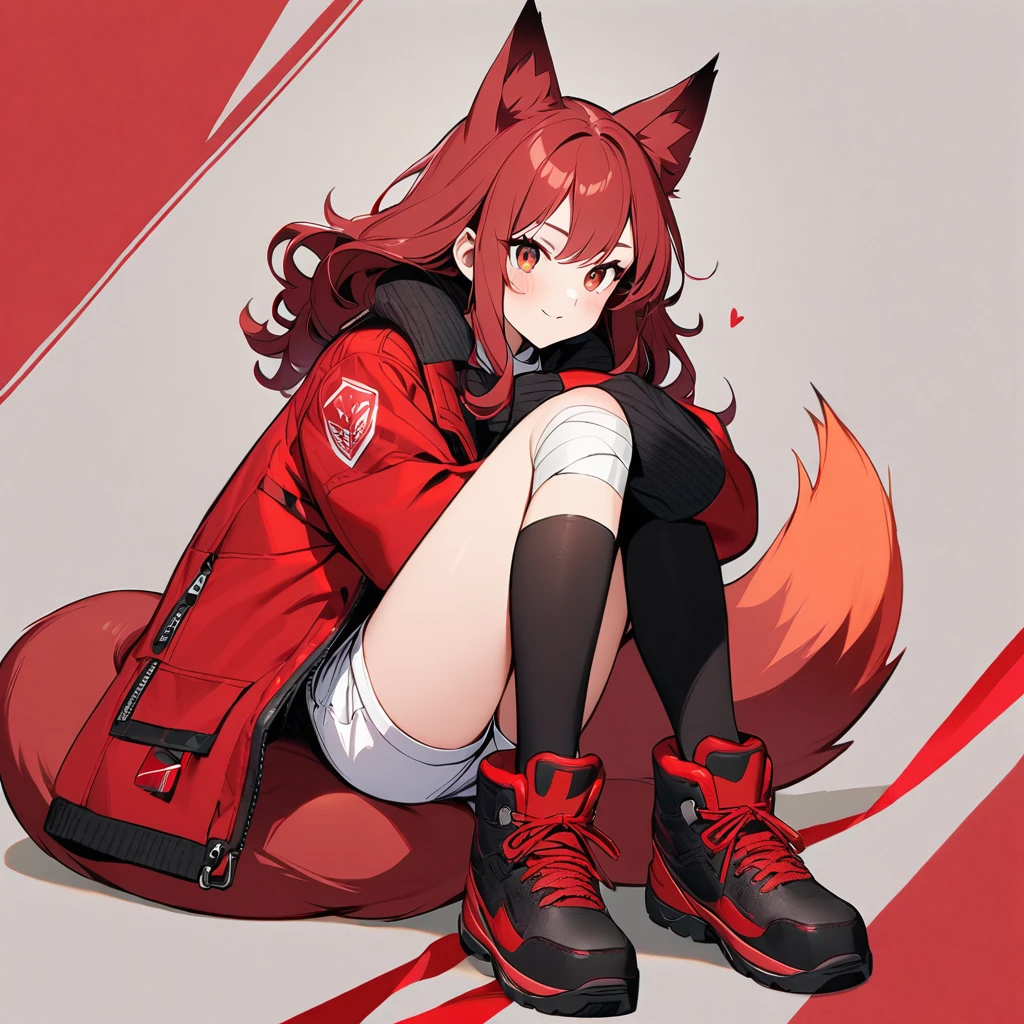 (well done:1) woman, short red, slightly wavy hair, red fox ears and tail, bulky red winter jacket with black details, white shirt, white shorts, bandage on the knee, red sneakers.