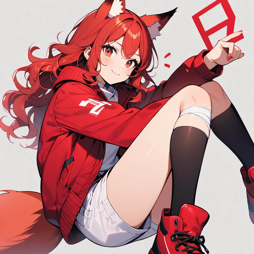 (well done:1) woman, short red, slightly wavy hair, red fox ears and tail, bulky red winter jacket with black details, white shirt, white shorts, bandage on the knee, red sneakers.