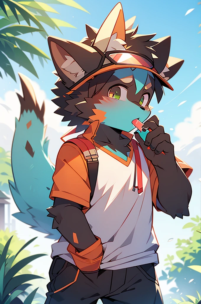 author:Jrjresq, author:Kirito, mammal, Furry, Male, Solo, wears, visor, Lick popsicles, Summer,