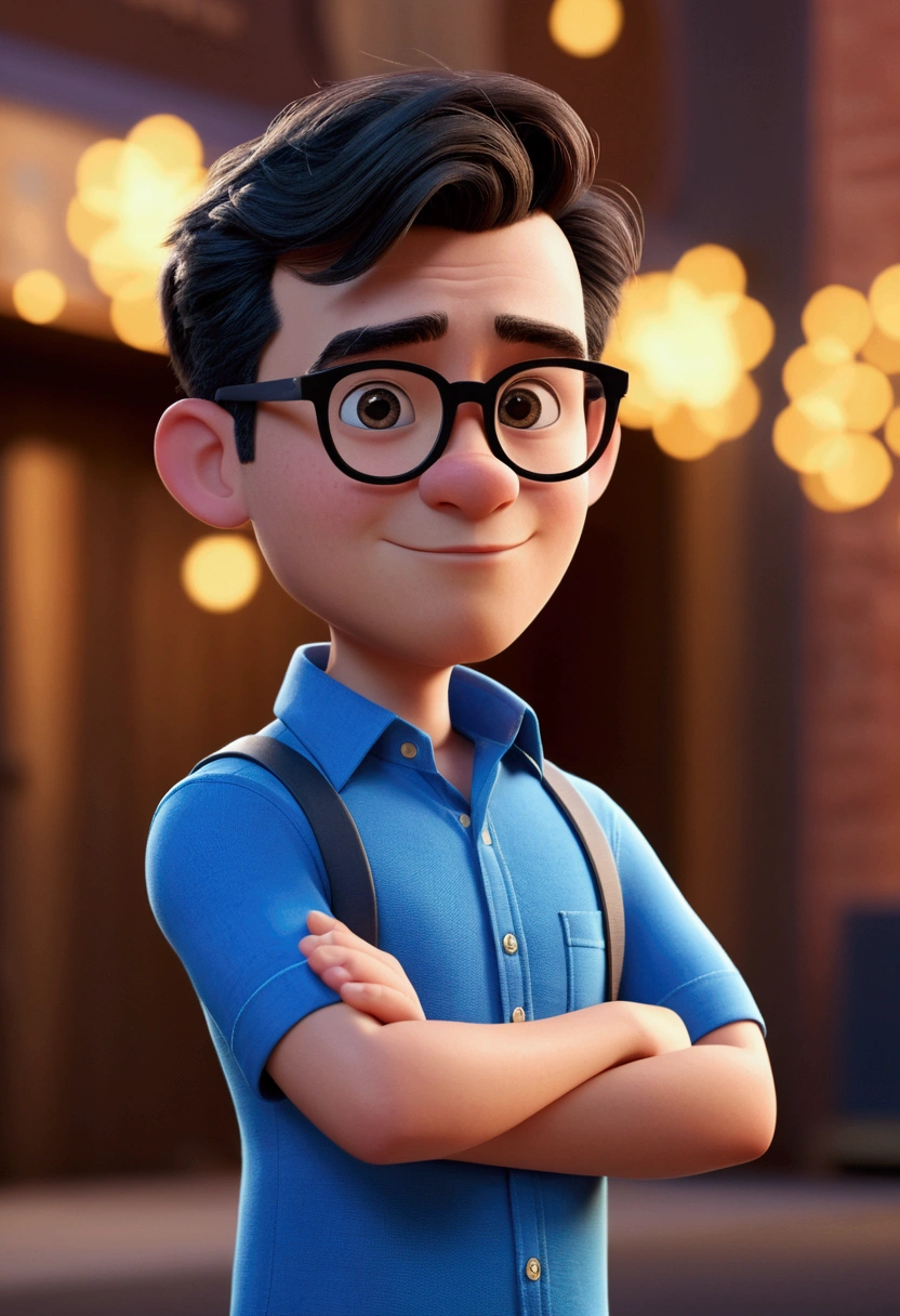 Cartoon character of a man in black glasses and blue shirt, animation character, stylized character, animation style rendering, 3d stylized, Arnold Maya rendering, Stylized 3D rendering, toon render screenshot, 3d character, 3d character, Stylized 3D rendering, 3D character rendering, cartoon character, Personagem de close up, character posing,  (Pixar-style) (master part:1.2) (bokeh) (best qualityer) (skin detailed) (detailed texture) (8k) (Argilla) (cinematic lighting) (sharp focus