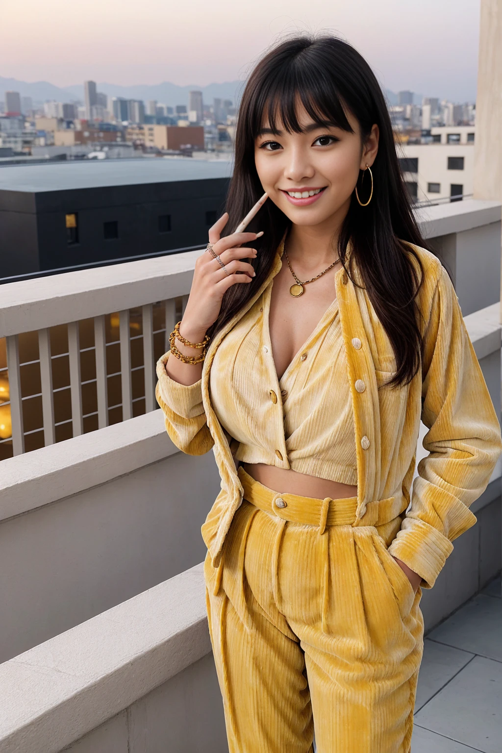 Half-length glamour portrait, nikon D850, f1.6 lens, 200mm, DSLR, 22 Megapixels, (((Rooftop terrace at sunset scene))), shot of a stunning 19 years old korean girl, (smile:1.4), (wearing lavender Corduroy blazer set with Yellow silk blouse:1.6), ((seductive pose)), hot girl, (((big natural breasts))), (((black fringe hair))), (small girl), symmetrical face, photorealistic, photography, (bright natural lighting), gorgeous, deep cleavage, (masterpiece), best quality, high resolution, extremely detailed, cinematic lighting, (((very narrow waist))), rich colors, hyper realistic, lifelike texture, ((jewelry)), (((She has beautiful hands and wears rings))), (bracelet), (necklace), (ankle chain), (nail polish) (earrings), Fuji Superia 200, 8k
