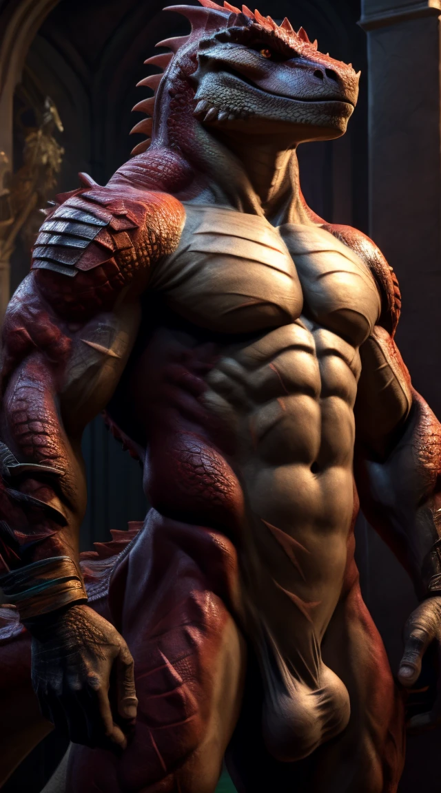 A lizard man, raptor-like legs, long thick tail, scars on his arms, smooth body, proportional body, abs, toned, light belly, illustration, (best quality, 4k, high resolution, masterpiece:1.2), ultra detailed, realistic, sharp focus, vivid colors, daylight lighting, full body, open chest, light armor, crimson scales on body, kaiman head, nude, penis, balls.