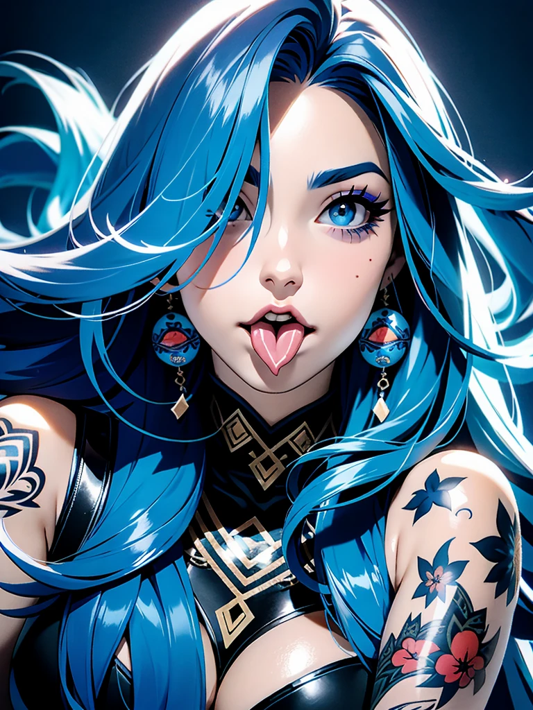 Long Hair, , Blue Hair、
Large Breasts, Earrings, blue eyes, tongue, Heavy makeup, Simple Background, Close-up, Fisheye Shot, Has tattoos、Long Hair, Food, かぶっているFood,