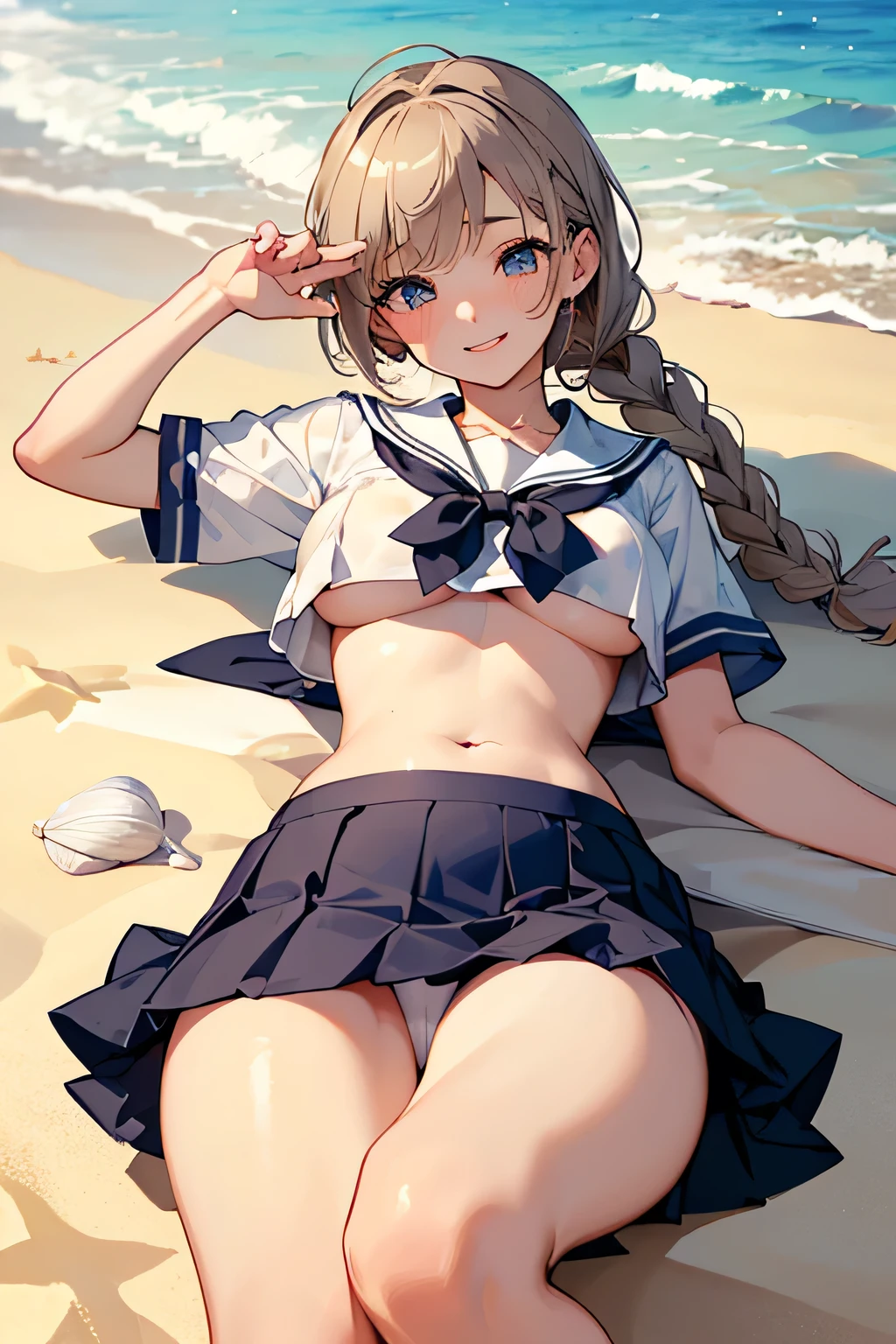 Highest quality、High resolution、Detailed Background、(Beautiful face in every detail:1.4)、Anatomically correct、(Normal number of fingers:1.2)、(Detailed eyes:1.2)、age beauty、Highly detailed face、(Huge breasts:1.2)、Attractive ass、Attractive thick thighs、Perfect body line、
Light color hair、Braided Ponytail、Braided bob cut、well-groomed eyebrows、(Short-sleeved white sailor suit、White sailor collar、Pleated skirt)、cute gesture、Sandy beach in clear weather、barefoot、Blushing、(underboob:1.2)、My clothes are wet and transparent、Panty shot、(Beautiful girl lying on the beach with a happy expression:1.5)、cute