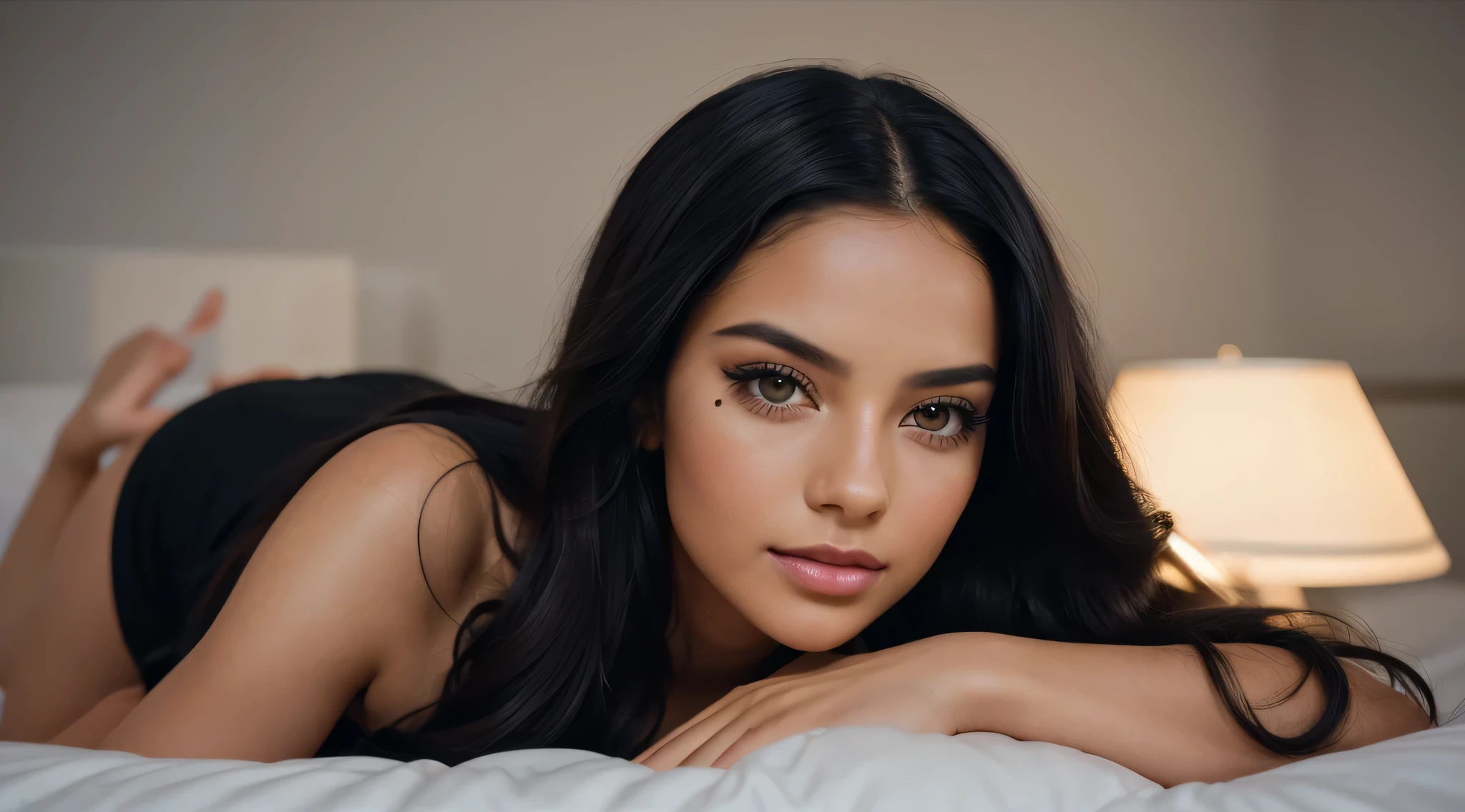 professional portrait photographer of a gorgeous girl in with long wavy black hair,Eye black,sulty Flirty look, gorgeous symmetrical Face, pretty natural makeup, ,in bed, ultra realistic, conceptual art, elegant, very detailed, complex, sharp Focus, depth oF Field, F/1. 8, 85mm, Medium shot, mid shot, (((proFessionally color graded))), bright soft diFFused light, (volumetric Fog), trending on Instagram, hdr 4k, 8k