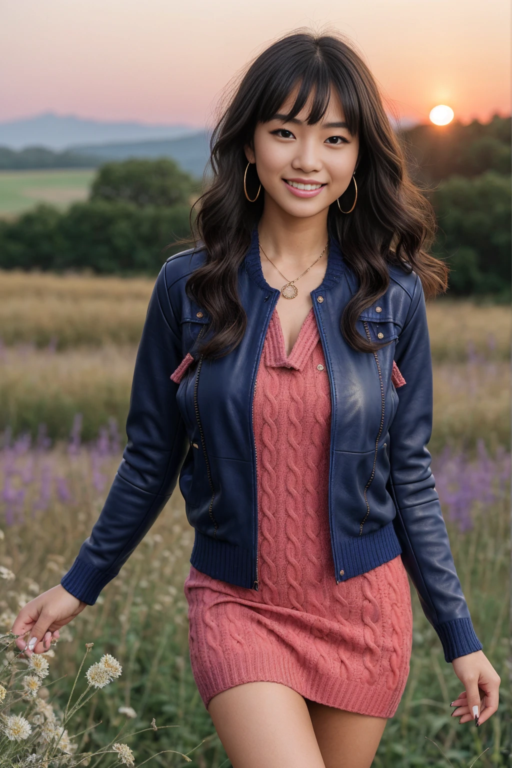 Half-length glamour portrait, nikon D850, f1.6 lens, 200mm, DSLR, 22 Megapixels, (((Wildflower field at sunset scene))), shot of a stunning 19 years old korean girl, (smile:1.4), (wearing midnight blue Leather jacket with Dark coral knit sweater dress:1.6), ((seductive pose)), hot girl, (((big natural breasts))), (((black fringe hair))), ( girl), symmetrical face, photorealistic, photography, (bright natural lighting), gorgeous, deep cleavage, (masterpiece), best quality, high resolution, extremely detailed, cinematic lighting, (((very narrow waist))), rich colors, hyper realistic, lifelike texture, ((jewelry)), (((She has beautiful hands and wears rings))), (bracelet), (necklace), (ankle chain), (nail polish) (earrings), Fuji Superia 200, 8k
