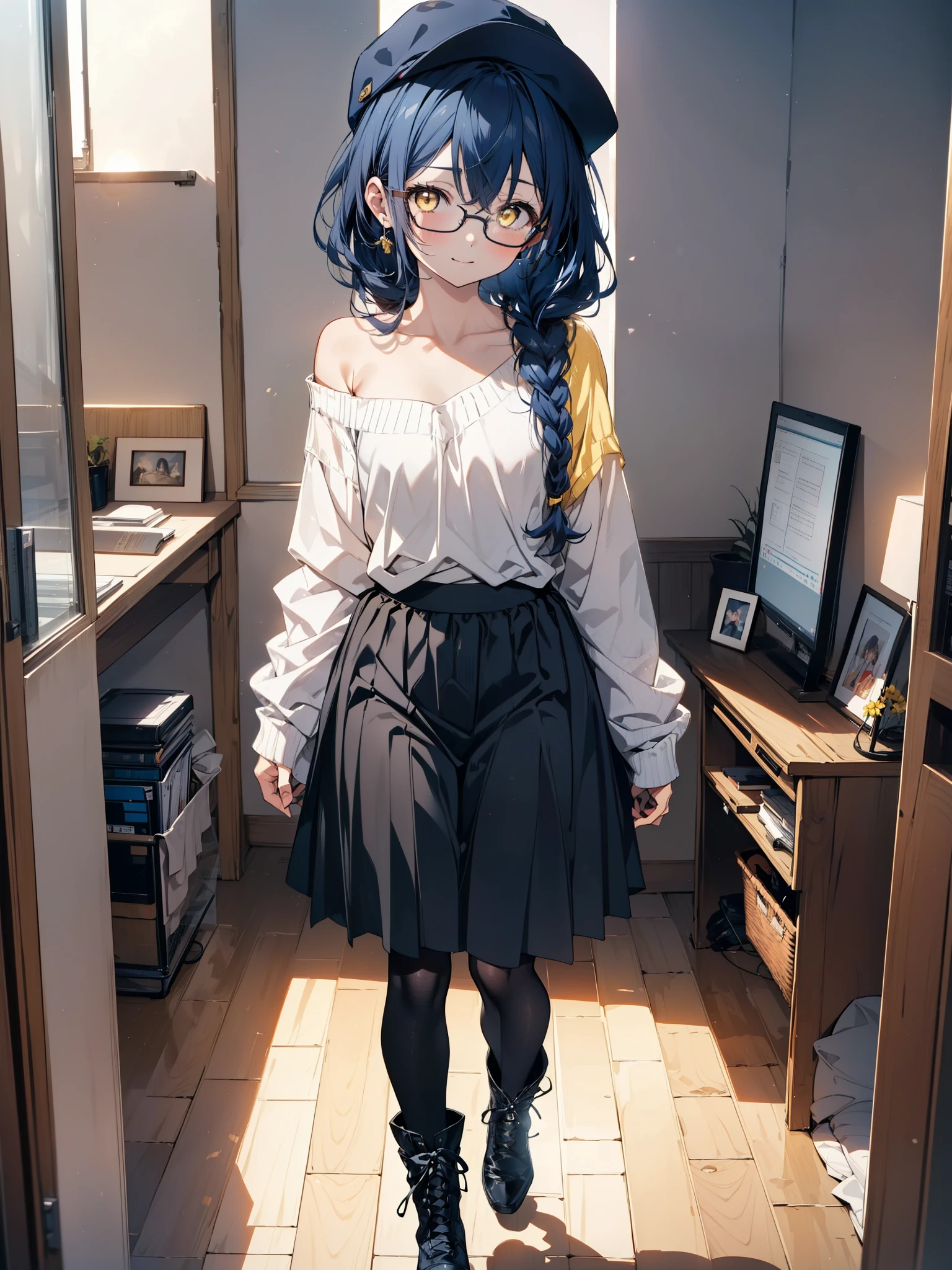 you like it, Umi Sonoda, Long Hair, Blue Hair, (Yellow Eyes:1.5) (Flat Chest:1.2),Blue one-shoulder sweater,Long skirt,Black pantyhose,short boots,Baseball hats,Black-rimmed glasses,Long braids,smile,Walking,morning,morning陽,The sun is rising,On the way to school,whole bodyがイラストに入るように,
break looking at viewer,whole body,
break outdoors, station,
break (masterpiece:1.2), Highest quality, High resolution, unity 8k wallpaper, (figure:0.8), (Beautiful attention to detail:1.6), Highly detailed face, Perfect lighting, Highly detailed CG, (Perfect hands, Perfect Anatomy),