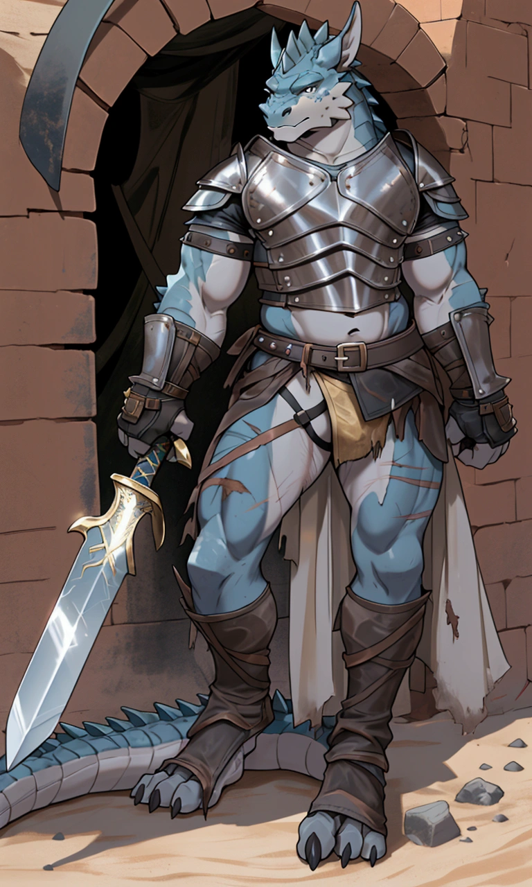 Solo Sexy anthro scalie dragon male mercenary medieval solider, slim endomorph muscular handsone model male apperance, sword scars, worn out rusty skimpy armament, low on hips heavy leather belt, old very worn out skimpy dirty linen material jockstrap, old yellow dirty worn out stains on white jockstrap, studded skimpy armlets breastplate armor, skimpy breastplate, leather bondages, fingerless leather gloves, smelly unwashed husk, dirty body look, desert battlefield, standing in sexy fighting position, close view of full character