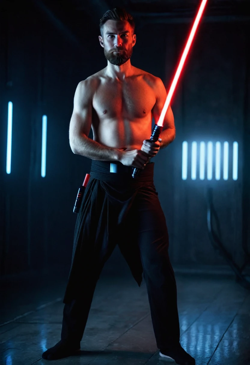 A thirty-year-old Jedi warrior trains in an empty dark room. Beard. He is wearing black trousers. Bare chest and shoulders. In the hands of a red lightsaber.