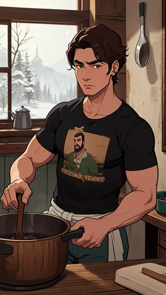(2D style) (HD) Aidan, 22 year old western man, Italian traits, inside old rustic wooden cabin, holding wooden spoon in stew pot, looking at the pan (Cao Cao, brawny, sexy man, SMOOTH FACE, His piercing dark brown eyes. short brown hair, wool t-shirt.), snow in the forest falling on the window. cold image temperature, objects scenery medieval age
