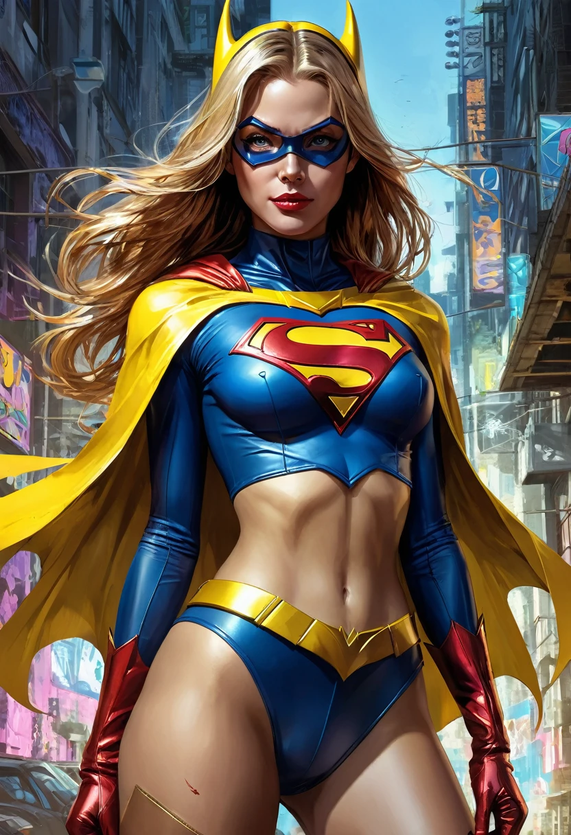 A masterpiece digital illustration of Batgirl/Supergirl from DC Comics, clad in an alternate yellow costume, exudes allure and coy charisma. Rendered in a stable diffusion style, the artwork boasts meticulous attention to lighting, shadows, and realistic details, capturing natural skin textures with unparalleled realism. Kim Jung Gi's influence infuses the artwork with freedom and soul, blending comic-style elements with a cyberpunk aesthetic. The composition features perfect anatomy, centered and approaching perfection, dynamically showcasing highly detailed watercolor painting techniques. This unique, award-winning masterpiece is crafted in the style of artists Carne Griffiths and Wadim Kashin, setting a new standard in concept art on ArtStation.