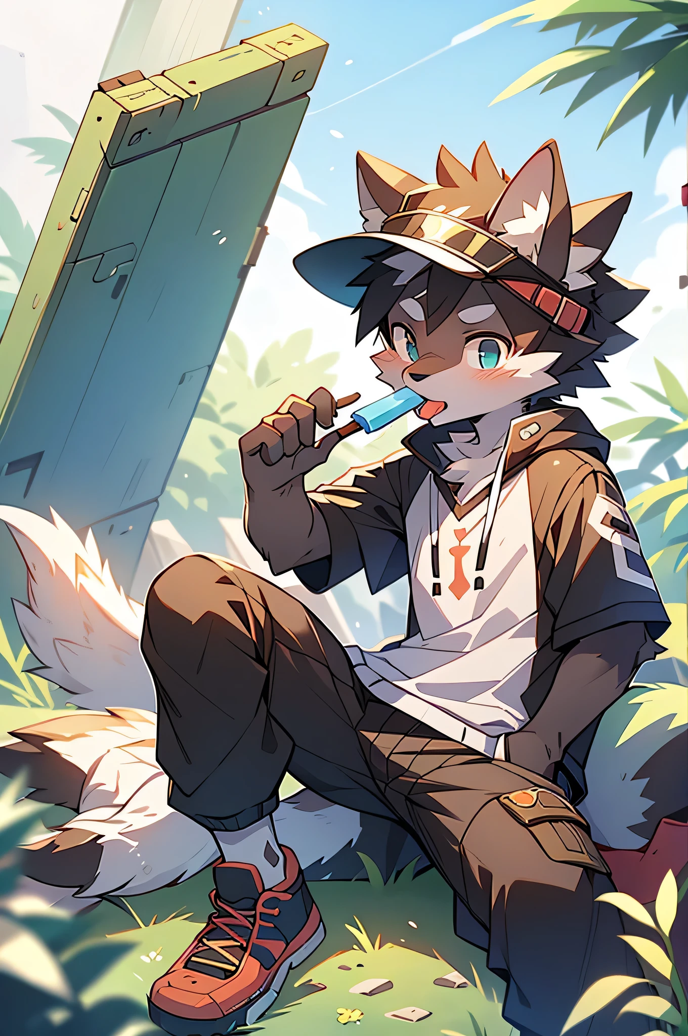 author：Jrjresq, author：Kirito, mammal, Furry, Male, Solo, wears, visor, Lick popsicles, Summer,