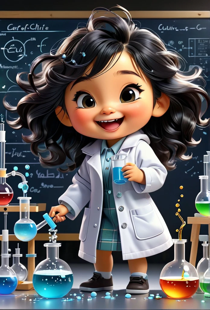 Chibi Baby Chemistry Mascot MASCOT, atoms, Molecules ,Has black hair , Blind box style and model with popular market style, The sunlight shines, , hyper qualit, sharp features, Ultra HD and 8K resolution,Cool Hand Drawn Illustration,fly away (Inside out disgusting), Create a series of best quality cute chibi dolls,ultra details,realisitic,Science Laboratory,Chemical experiment,ultra HD, chemical equipment,scientists working,cups,UHD Bunsen Burner ,Microscope,laboratory glassware,measuring cylinders,labcoats,Round nerd glasses ,science books,Periodic table,scientific research,discoveries,new inventions,innovation,aprendizagem,education,Scientific culture wears coat with details of buttons and brooches , her coat is charming and cute with ultra chemical details ,Curiosidade,Technological advancements,swirly vibrant colors,soft lighting,modern laboratory,nerdy atmosphere,laboratory instruments,hypothesis testing,Scientific method,symbolic representation,Critical thinking,experiments ,precision,precision,Intricate details,impressive scientific setup,natural elements,exploration of the mysteries of science,unlocking the secrets of nature. Baby chibi is happy and excited, remember to use chemical laboratory glassware, The chalkboard behind the cute chibi baby is written the structure of caffeine in white chalk 18K UHDBlack hair, very long hair, American propaganda poster, shine light, 3D rendering,