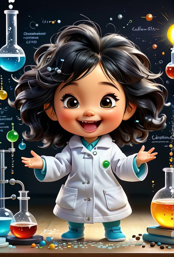 Chibi Baby Chemistry Mascot MASCOT, atoms, Molecules ,Has black hair , Blind box style and model with popular market style, The sunlight shines, , hyper qualit, sharp features, Ultra HD and 8K resolution,Cool Hand Drawn Illustration,fly away (Inside out disgusting), Create a series of best quality cute chibi dolls,ultra details,realisitic,Science Laboratory,Chemical experiment,ultra HD, chemical equipment,scientists working,cups,UHD Bunsen Burner ,Microscope,laboratory glassware,measuring cylinders,labcoats,Round nerd glasses ,science books,Periodic table,scientific research,discoveries,new inventions,innovation,aprendizagem,education,Scientific culture wears coat with details of buttons and brooches , her coat is charming and cute with ultra chemical details ,Curiosidade,Technological advancements,swirly vibrant colors,soft lighting,modern laboratory,nerdy atmosphere,laboratory instruments,hypothesis testing,Scientific method,symbolic representation,Critical thinking,experiments ,precision,precision,Intricate details,impressive scientific setup,natural elements,exploration of the mysteries of science,unlocking the secrets of nature. Baby chibi is happy and excited, remember to use chemical laboratory glassware, The chalkboard behind the cute chibi baby is written the structure of caffeine in white chalk 18K UHDBlack hair, very long hair, American propaganda poster, shine light, 3D rendering,