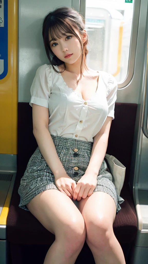 smile,one japanese woman,(masterpiece, Highest quality, 8K, RAW Photos, beautifully、aesthetic:1.2),  Intricate details, indirect lighting, Realistic,
whole body, Sitting on a chair on the train、Staring at the viewers、Voyeur、
 Square neck button-down linen sundress, 
 Training women , Chair to sit under skirt,