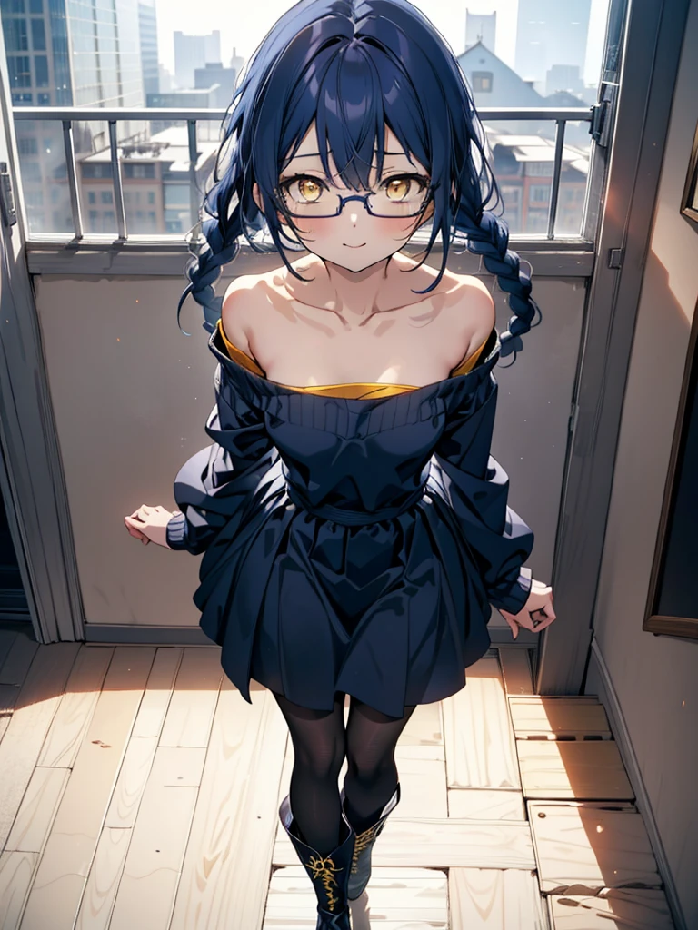 you like it, Umi Sonoda, Long Hair, Blue Hair, (Yellow Eyes:1.5) (Flat Chest:1.2),Blue one-shoulder sweater,Long skirt,Black pantyhose,short boots,Baseball hats,Black-rimmed glasses,Long braids,smile,Walking,morning,morning陽,The sun is rising,On the way to school,whole bodyがイラストに入るように,
break looking at viewer,whole body,
break outdoors, station,
break (masterpiece:1.2), Highest quality, High resolution, unity 8k wallpaper, (figure:0.8), (Beautiful attention to detail:1.6), Highly detailed face, Perfect lighting, Highly detailed CG, (Perfect hands, Perfect Anatomy),