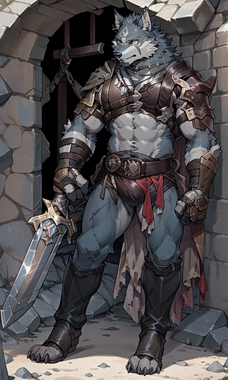 Solo Sexy young anthro furry wolf male mercenary medieval solider, slim endomorph muscular, anthro handsome gay shorter muzzle, handsome gay model male apperance, sword scars, worn out leather skimpy armament, low on hips heavy leather belt, old very worn out skimpy dirty linen material jockstrap, old yellow dirty worn out stains on white sawn jockstrap, very visible "x" brown seam pattern on the jockstrap, studded skimpy armlets breastplate armor, skimpy breastplate, leather bondages, fingerless leather gloves, smelly unwashed furr, dirty body look, desert battlefield, standing in sexy fighting position, close view of full character, blooded furr, blooded sword
