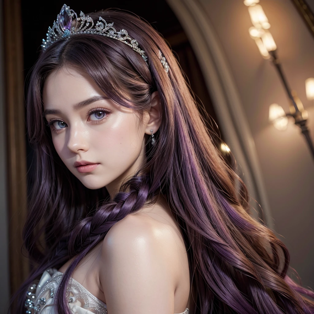 A beautiful girl with long, flowing purple hair styled in elegant curls. She is wearing a stunning princess dress that enhances her regal appearance. A delicate tiara rests on her head, adding a touch of royalty. The portrait is taken from the front, with her gazing directly into the camera. Her eyes are a light, enchanting shade of purple, which complements her hair and adds to her magical and royal presence. Her expression is graceful and poised, embodying the elegance of a princess.