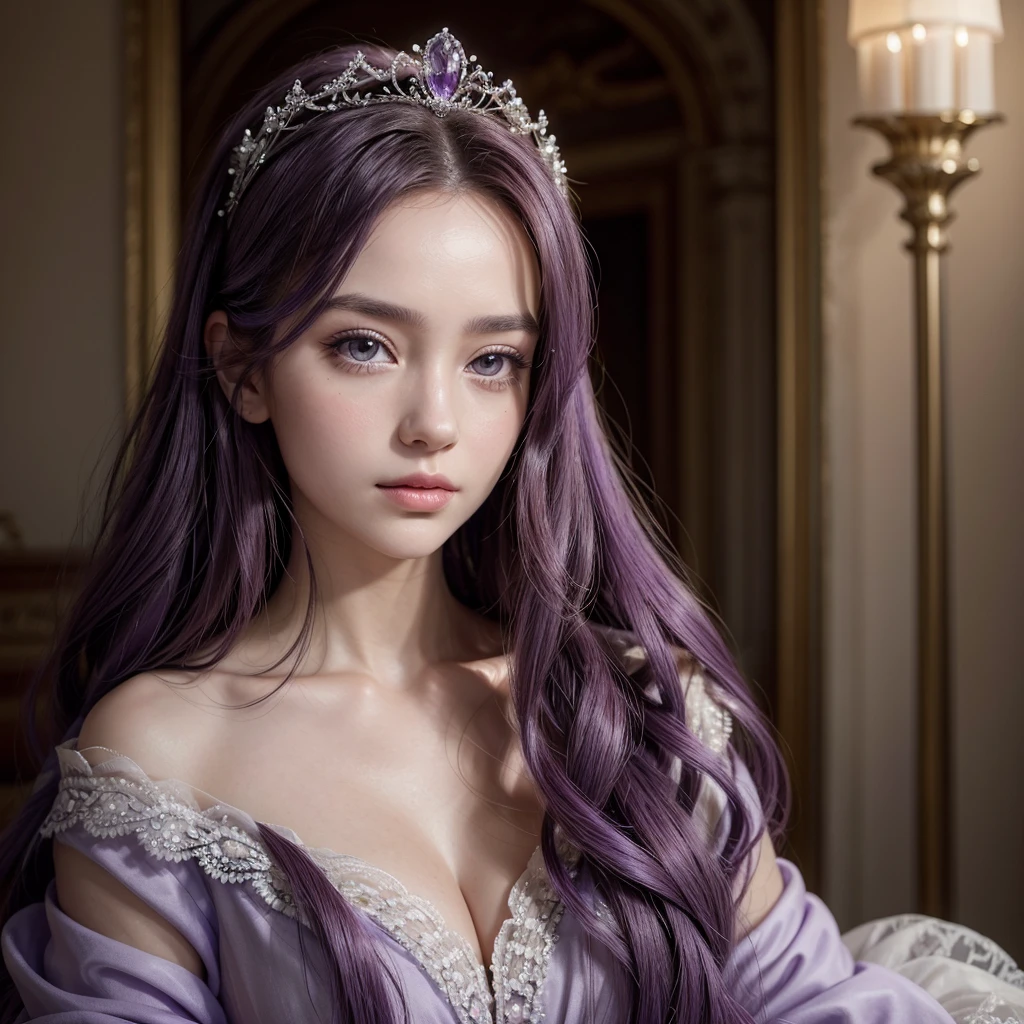 A beautiful girl with long, flowing purple hair styled in elegant curls. She is wearing a stunning princess dress that enhances her regal appearance. A delicate tiara rests on her head, adding a touch of royalty. The portrait is taken from the front, with her gazing directly into the camera. Her eyes are a light, enchanting shade of purple, which complements her hair and adds to her magical and royal presence. Her expression is graceful and poised, embodying the elegance of a princess.