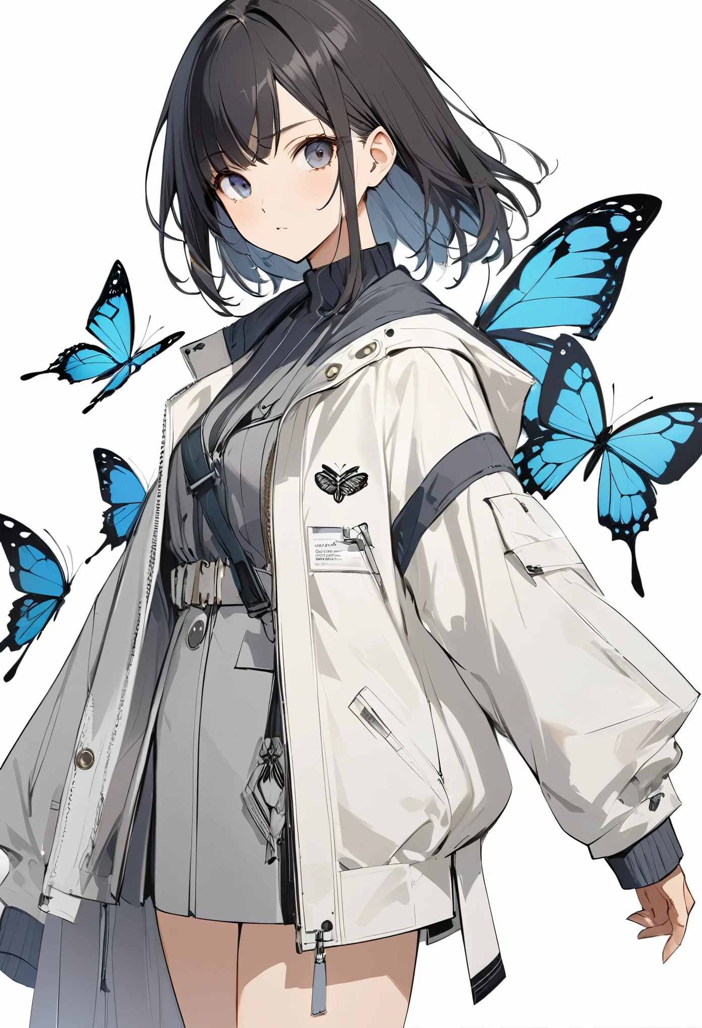 Butterflies are flying、Facing at an angle、Concept Art、1girl, stylish, stylish code, large jacket, simple white background