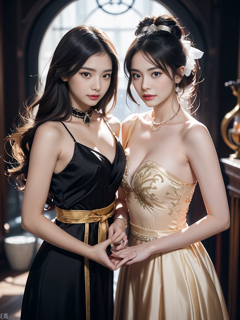Two Girls, length_hair, bright_hair_color, Fascinating_eye, mysterious_Performance, Mature Woman_exterior, glamorous_Costume, Flowing_dress, elegant_jewelry, complicated_Decoration, magic_symbol, Shine_accessories, Portion, Scroll, cute_accent, bow, ribbon, Flowers,A tiny bit of cleavage is visible,sexy