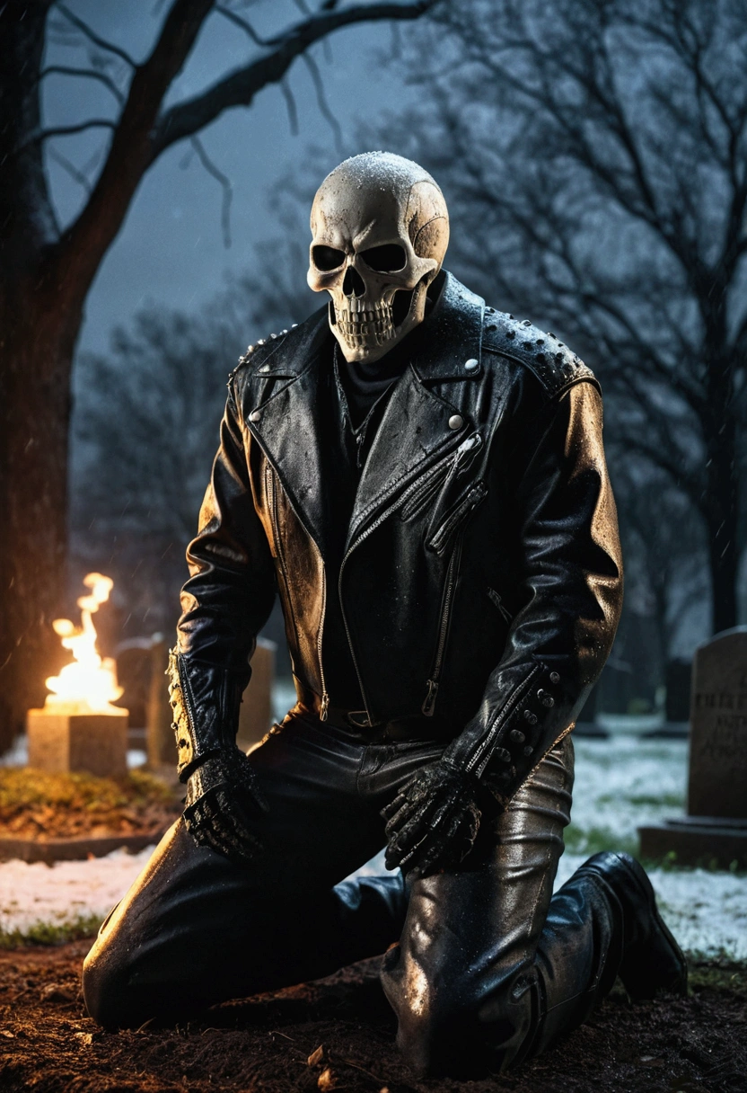 a kneeling ghost rider in front of a grave, next to a tree, rainy night, snow falling, detailed face, detailed leather clothing, dramatic lighting, moody atmosphere, cinematic composition, epic scale, dark fantasy, hyper detailed, 8k, cinematic lighting, dramatic shadows, brooding colors