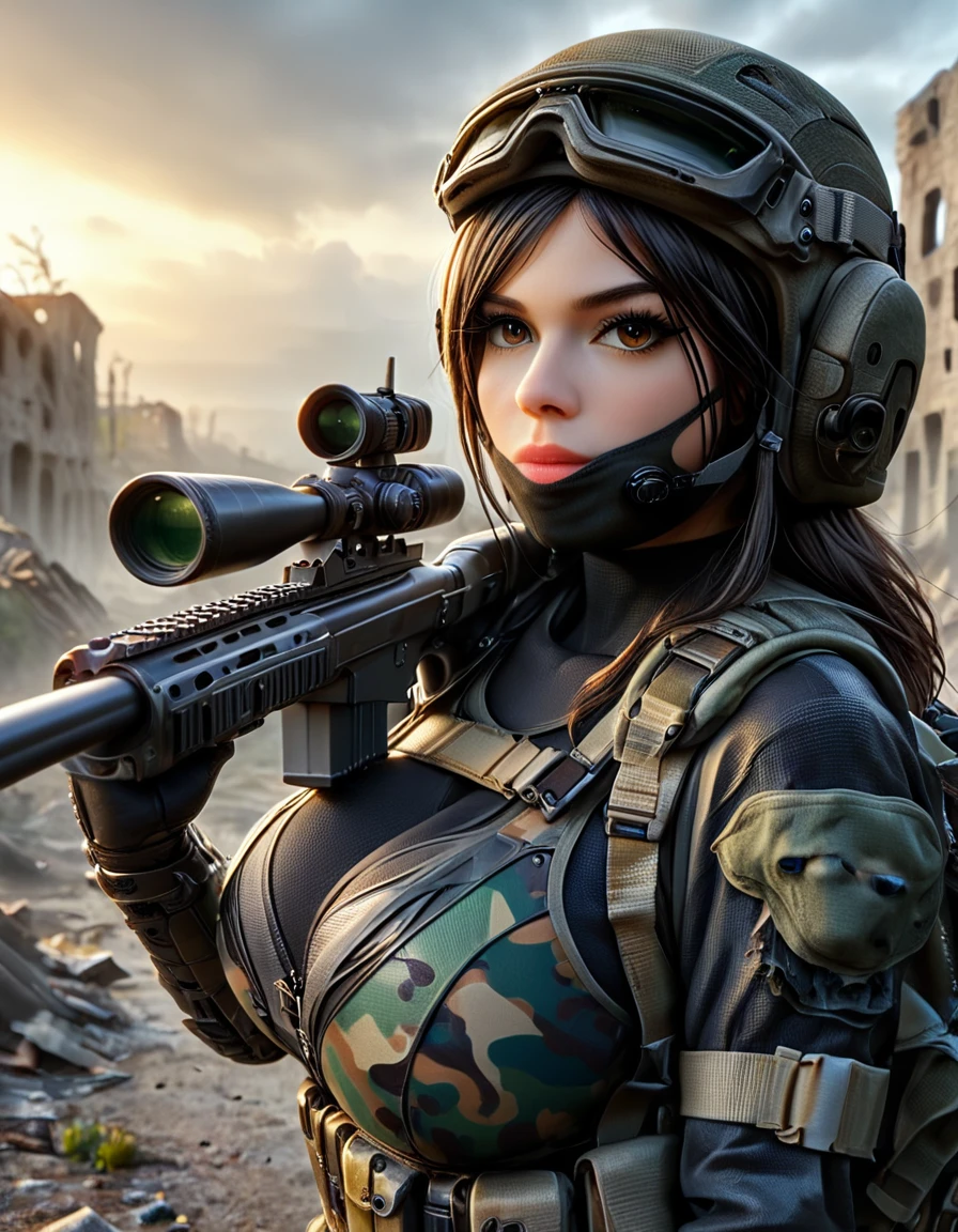 
score_9, score_8_top, score_7_top, score_6_top, score_5_top, score_4_top, (Photo shoot: 1.5),Young and very beautiful female sniper, aiming the muzzle of her sniper rifle at the viewer, detailed ideal proportions, shapely large breasts, detailed face, beautiful eyes, long eyelashes, serious expression, tactical helmet, camouflage latex suit, tactical equipment, sniper rifle, war-torn landscape, cloudy, foggy, ruins, wreckage, cinematic lighting, grainy, gloomy, dark, muted colors, realistic, 8k, high resolution, detailed description, masterpiece