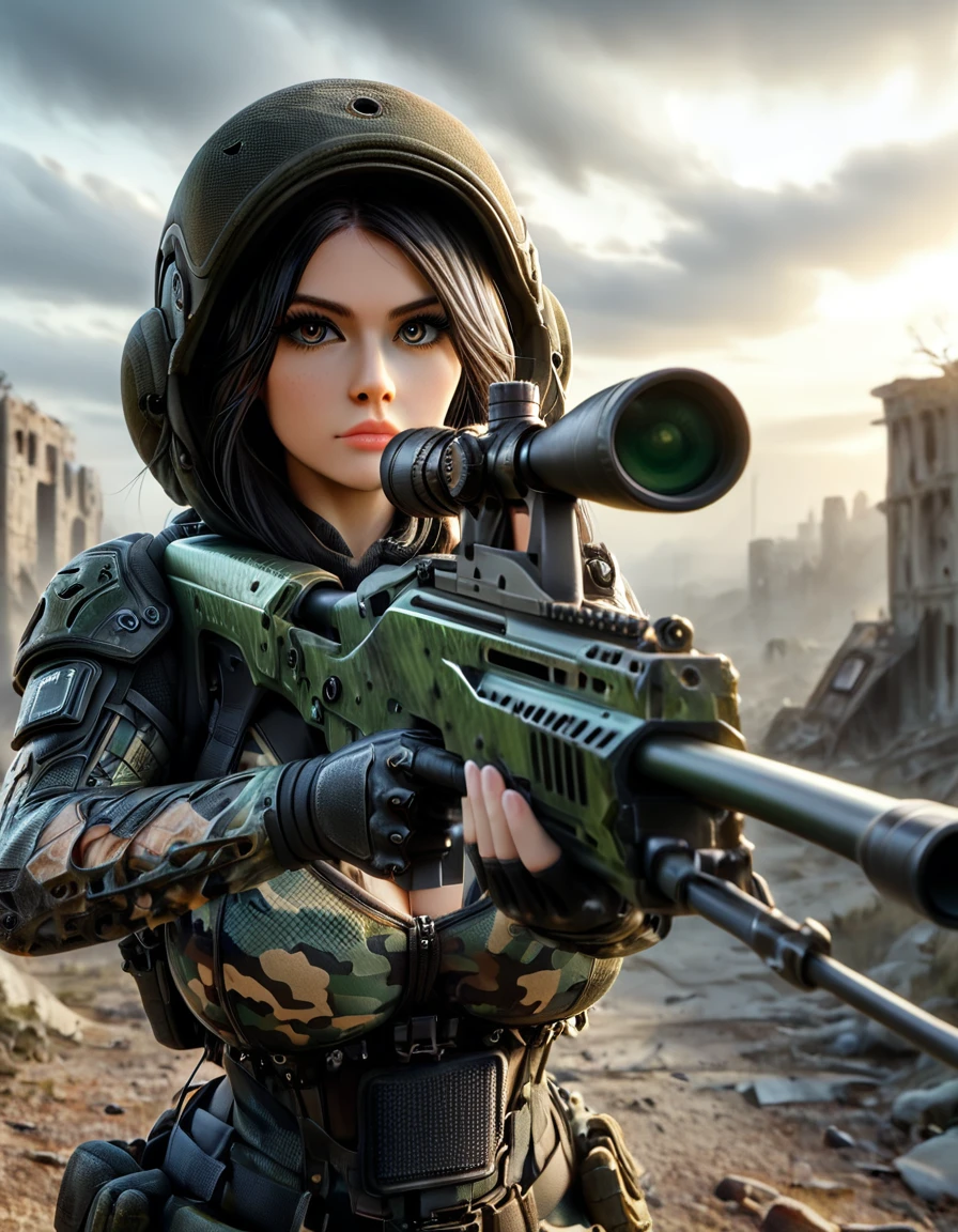 
score_9, score_8_top, score_7_top, score_6_top, score_5_top, score_4_top, (Photo shoot: 1.5),Young and very beautiful female sniper, aiming the muzzle of her sniper rifle at the viewer, detailed ideal proportions, shapely large breasts, detailed face, beautiful eyes, long eyelashes, serious expression, tactical helmet, camouflage latex suit, tactical equipment, sniper rifle, war-torn landscape, cloudy, foggy, ruins, wreckage, cinematic lighting, grainy, gloomy, dark, muted colors, realistic, 8k, high resolution, detailed description, masterpiece