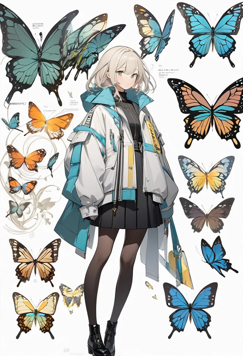 Butterflies are flying、Facing at an angle、Concept Art、1girl, stylish, stylish code, large jacket, simple white background