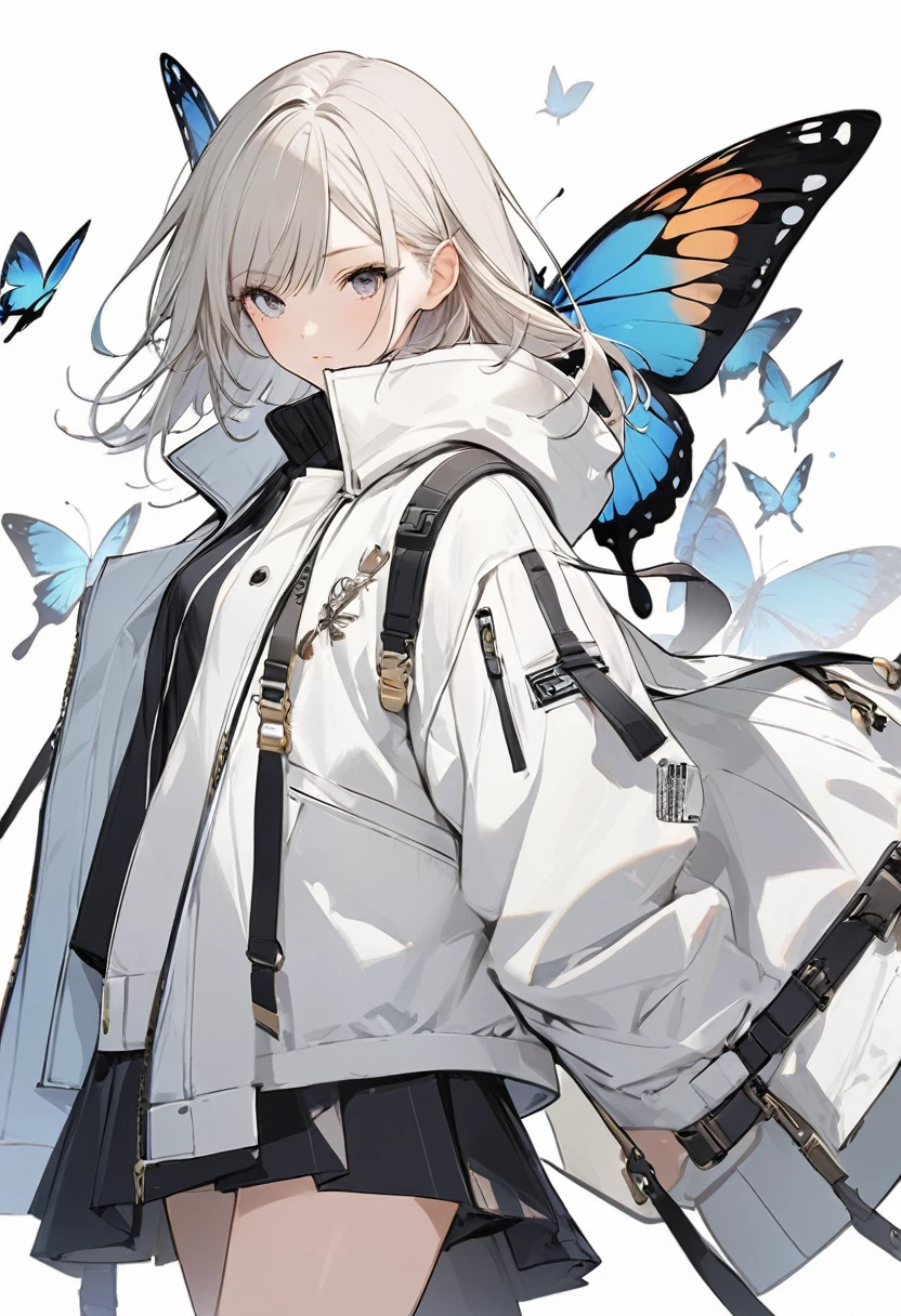Butterflies are flying、Facing at an angle、Concept Art、1girl, stylish, stylish code, large jacket, simple white background