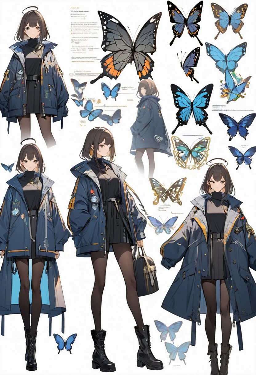 Butterflies are flying、Facing at an angle、Concept Art、1girl, stylish, stylish code, large jacket, simple white background