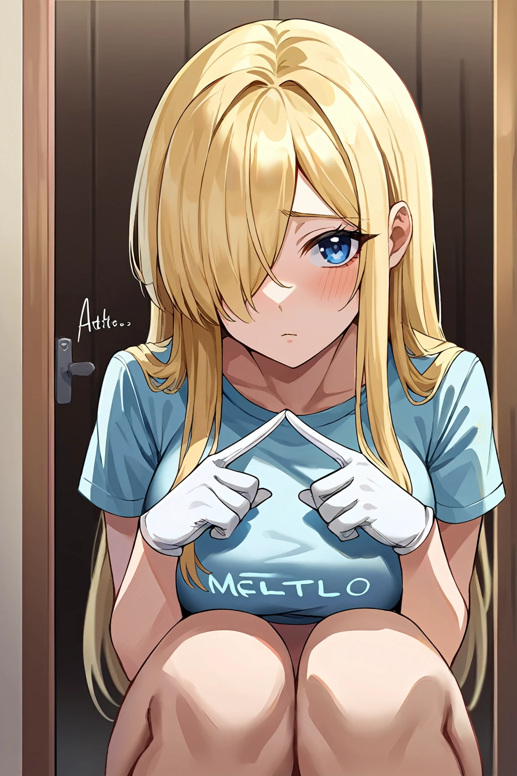 check_9, check_8_up, check_7_up, source_anime, rating_safe, One, 1 girl, You will be Victoria, Hello, blush, shy, I look at the viewer, index fingers together, blonde hair, hair over one eye, Blue eyes, Crop top, not good, Short sleeves, White gloves, Big breasts , ((completely naked)), ((knee-length portrait)) 