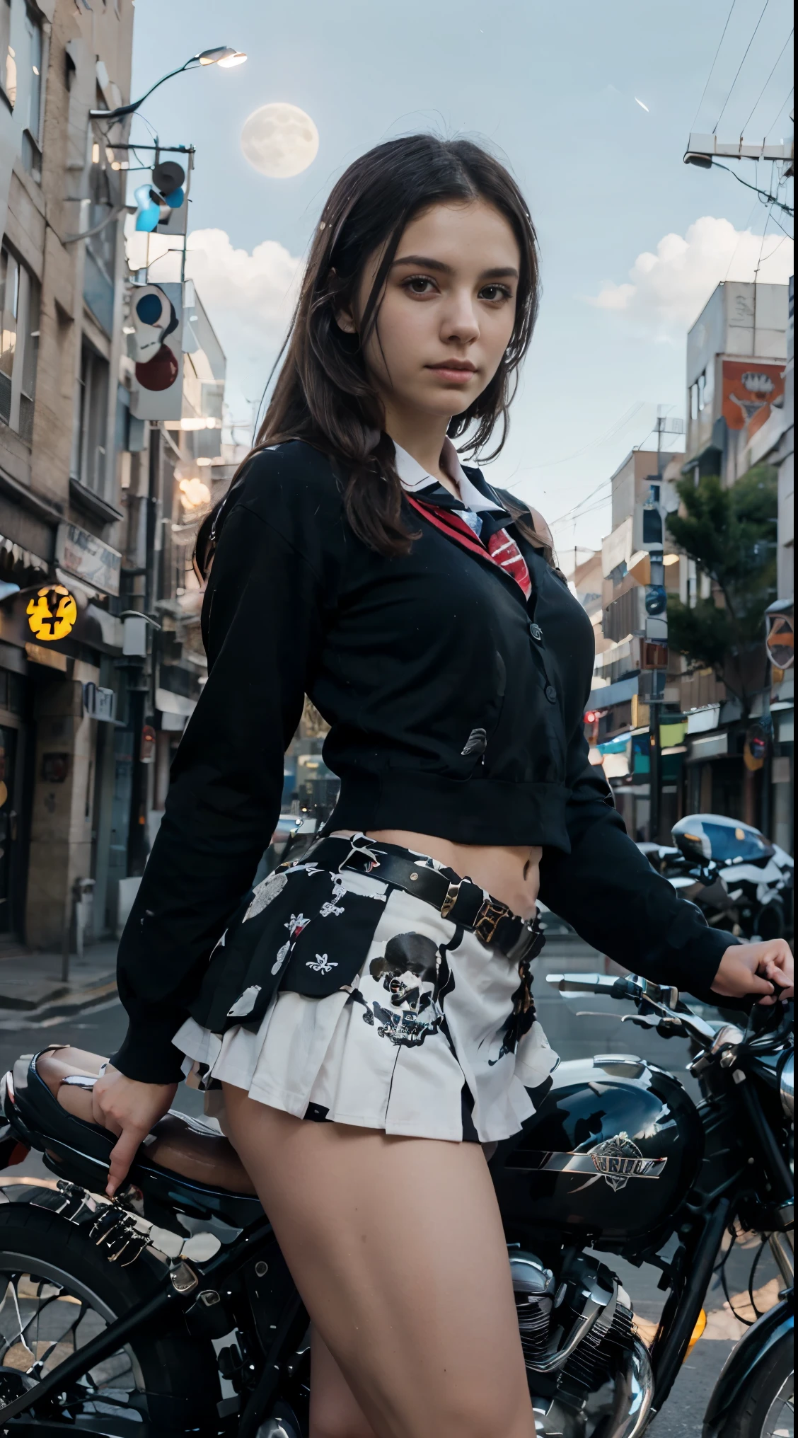 17-year-old Waifu School Girl posando na frente de uma motocicleta futurista, the motorcycle has skulls and blue flames highly detailed 3D graphics, night scenery with full moon in the background, she is wearing a White SchoolUniform with 3D skulls and flames and Sailor Miniskirt, Pantyhose, HDR, epic realism, high-octane rendering, obra de arte,