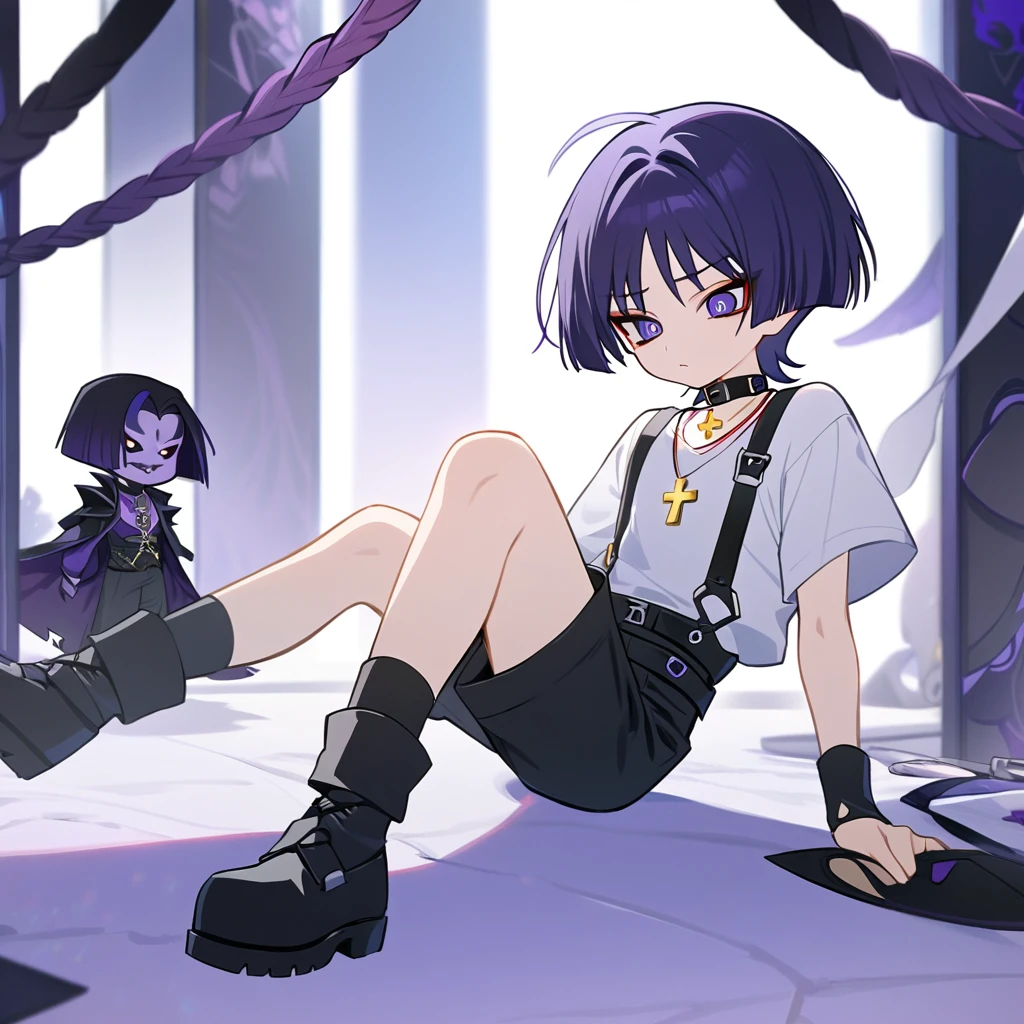 4k best Quality, work of art, A boy, Indigo Hair, Short Smooth and Tigelinha style with a square spiked fringe. do it using shorts with black suspenders, a white woolen shirt with a collar a white sock with buckles, and a little black shoe, She also wears a necklace with a yellow cross, (Scaramouche Hair), Evil, Villain, Obscure Background.