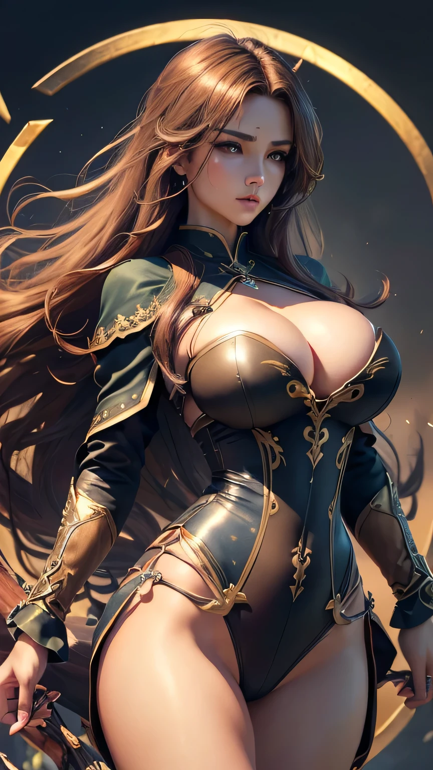 (masterpiece,top quality,high quality)), ((8K wallpaper unified with high definition CG)), (huge stunning mysterious archery hunter, jaw dropping beauty, long cleavage, perfect proportions, beautiful body, slim body beauty:1.1), ((beautiful hair and thin hunter outfit fluttering:1.4)), showing off huge breast and huge butt