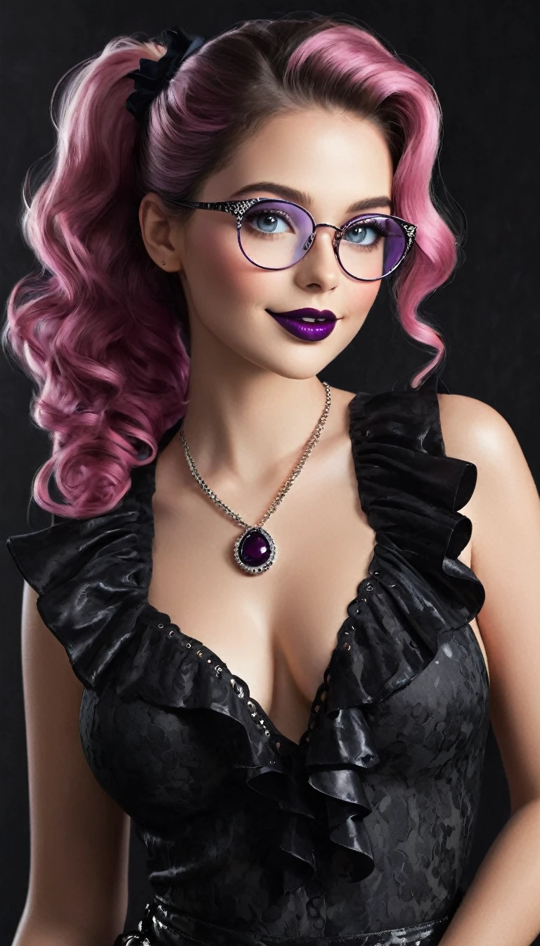 Nice young woman, ig model, render of april, (wide angle, Ganzkörperschuss, Stand:1.6), (masterpiece, professional lightning, 16K, 8k wallpaper, RAW-Foto, photorealestic: 1.8, Ultra-detail, natural, soft lighting, detailed skin, detailed face, detailled eyes, textured skin),(ultra realist).
BREAK Foto, top quality, (Ultra detailed face and eyes: 1.0) ,(Large breast: 1.2), (25 years old woman).
Nicees Mädchen mit blauen Augen, wear small round glasses,(with glasses fine round),
CHEVEUX Your hair in Spanish purple, a woman with hair, which are decorated with colorful reflections, Nicee Rothaarige mit blauen Augen, pony tail, Nice, sexly , smiling,Curly hair falls to the shoulders,a necklace, Glamour-Accessories.
the picture
((intensives Augen-Make-up, pink mascara),(detailed artificial lips)), glossy black lipstick, black lipstick, dark lipstick, sexly Lippen:5 elegant and dark lips, with shiny black lips, sexly Lippen, shiny lips, Lush lips, black lips.
PAUSE
Eyelet Plunge Neck Blouse, Sexy sleeveless ruffle top for spring and summer, Women's clothing ACCESSORIES Combine subtle accessories with silver chain bracelets and hoop earrings for an elegant touch.
Complete the look with black patent leather flats with transparent PVC inserts for graceful footwear.