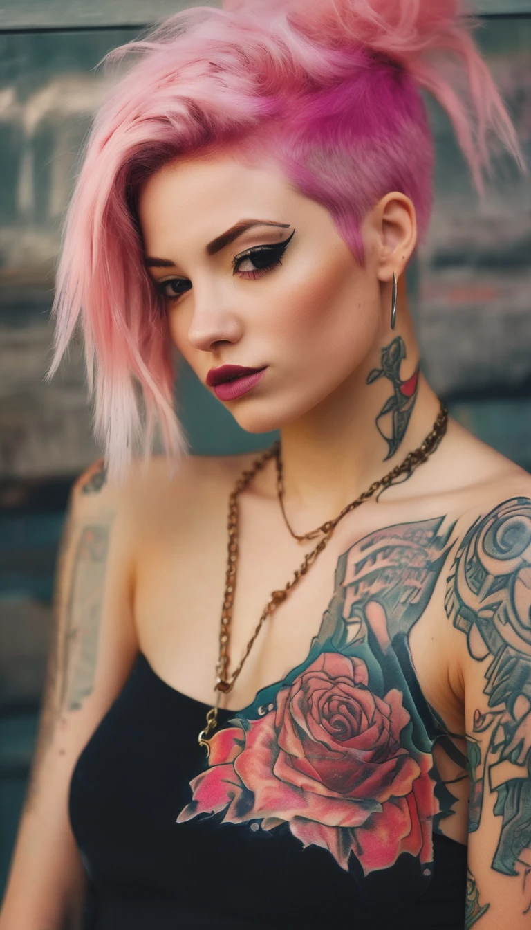 Young adult woman 22 years realistic, sexy with medium tits, modern punk style similar to harley queen, with long blonde and a little pink hair, with a broken heart tattoo on the neckline for the profile image