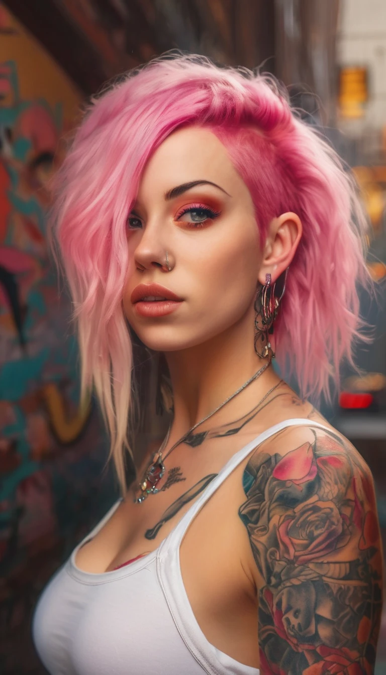 Young adult woman 22 years realistic, sexy with medium tits, modern punk style similar to harley queen, with long blonde and a little pink hair, with a broken heart tattoo on the neckline for the profile image