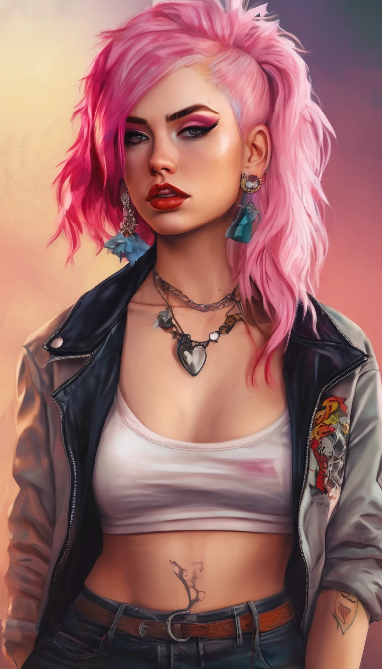 Young adult woman 22 years realistic, sexy with medium tits, modern punk style similar to harley queen, with long blonde and a little pink hair, with a broken heart tattoo on the neckline for the profile image