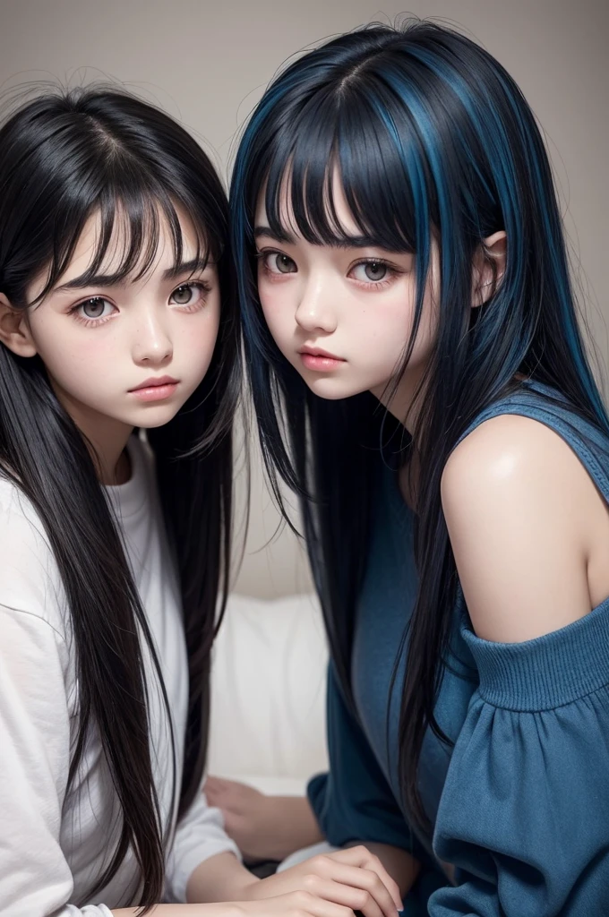 2 girls Characteristics The first 1 with messy short hair Black eyes Face a bit bored The 2 with long hair Kind of sad hair with blue highlights Both are and wearing a