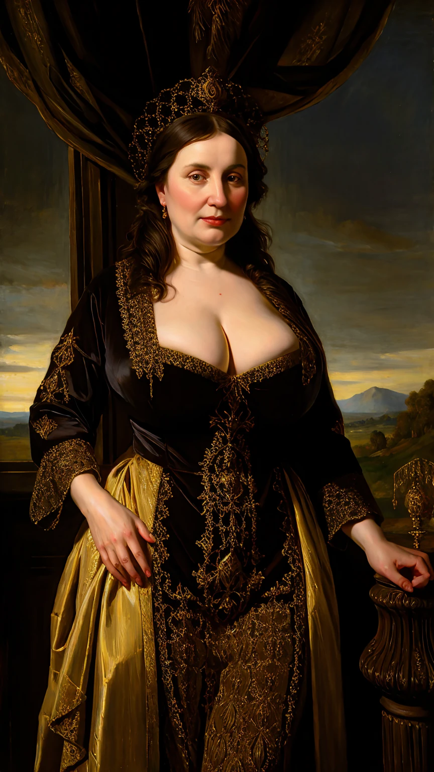 a portrait of a beautiful noblewoman with dark hair and gigantic breasts in an opulent chamber, chiaroscuro, window, landscape in background, detailed, 8k, sharp focus, masterpiece oil painting, painted by joseph wright of derby, by Ilya Repin 