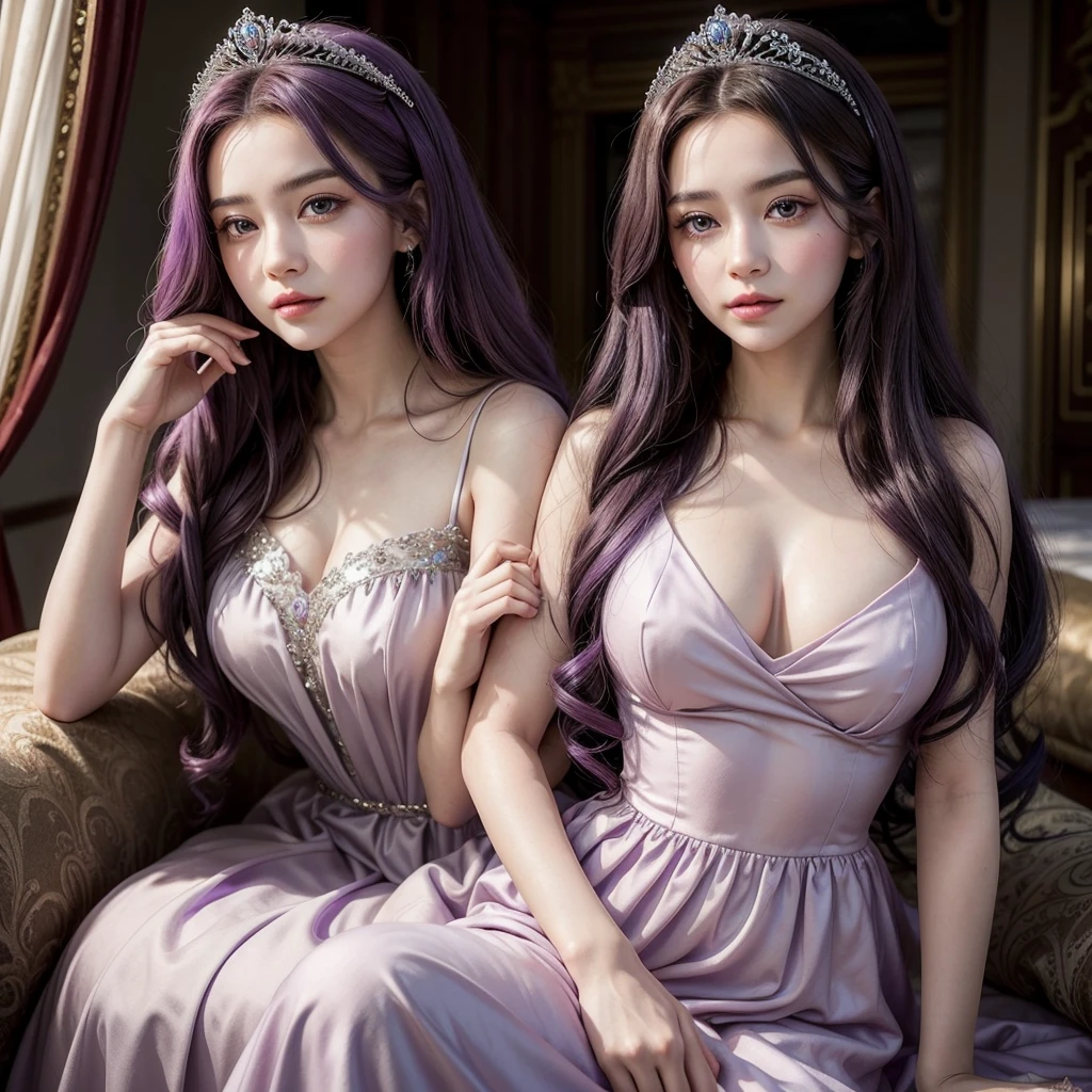 A beautiful girl with long, flowing purple hair styled in elegant curls. She is wearing a stunning princess dress that enhances her regal appearance. A delicate tiara rests on her head, adding a touch of royalty. The portrait is taken from the front, with her gazing directly into the camera. Her eyes are a light, enchanting shade of purple, which complements her hair and adds to her magical and royal presence. Her expression is graceful and poised, embodying the elegance of a princess.