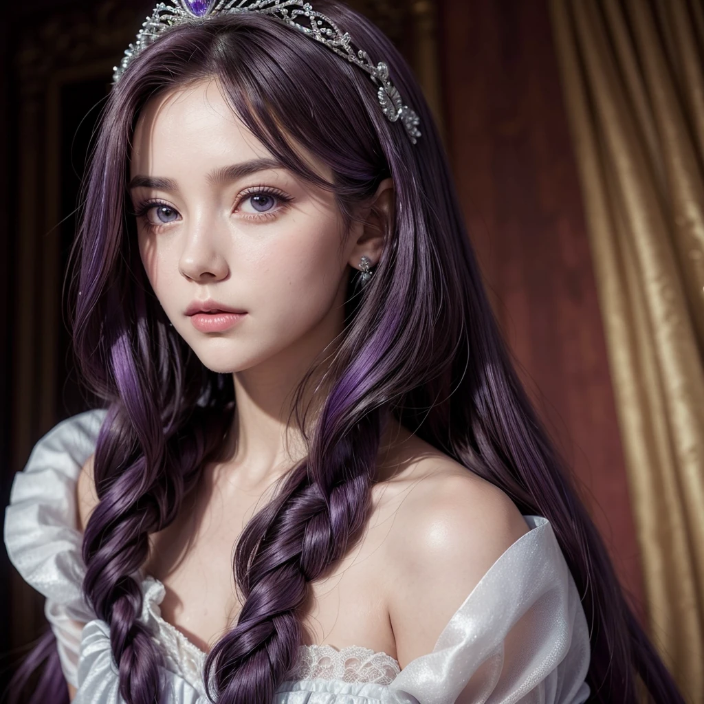 A beautiful girl with long, flowing purple hair styled in elegant curls. She is wearing a stunning princess dress that enhances her regal appearance. A delicate tiara rests on her head, adding a touch of royalty. The portrait is taken from the front, with her gazing directly into the camera. Her eyes are a light, enchanting shade of purple, which complements her hair and adds to her magical and royal presence. Her expression is graceful and poised, embodying the elegance of a princess.