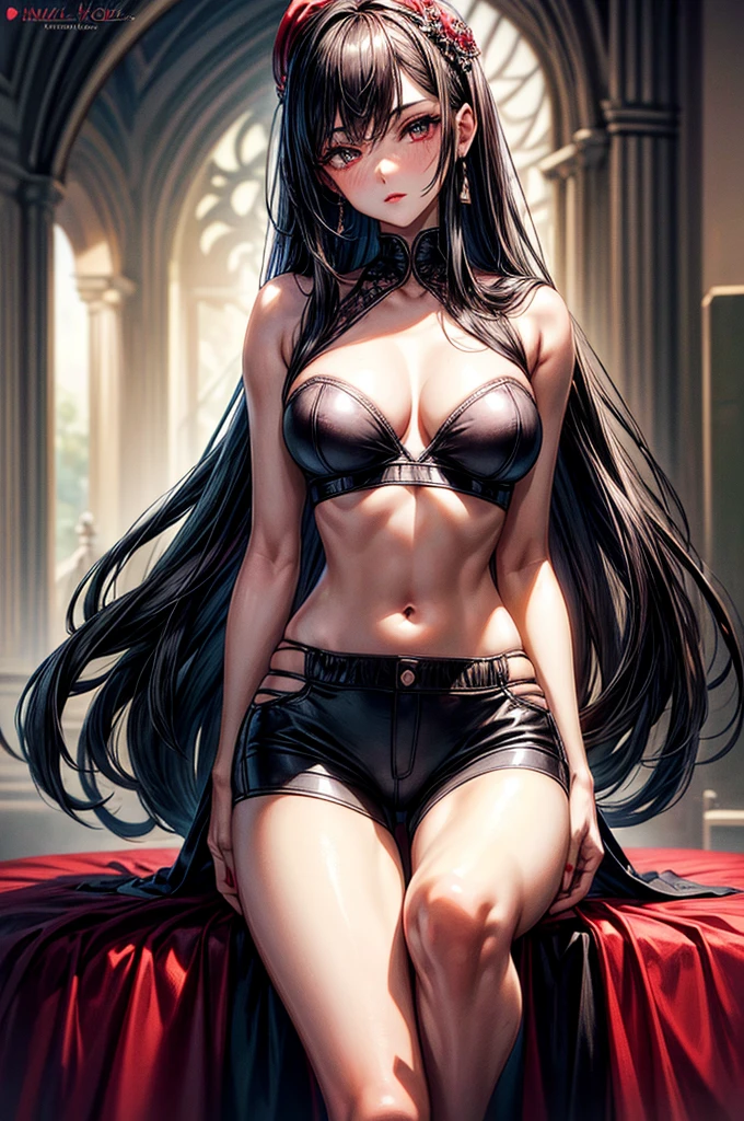 ((highest quality)),(ultra high resolution),(Super detailed), (best work of art), (ung girl:1.5), beautiful and well-shaped face:1.5,(Beautiful skin with precise and detailed depiction:1.6),(sports bra and waist band hotpants shorts ),gorgeous, masterpiece, best quality, high-resolution, finely detailed, extremely detailed and beautiful, distinct-image, 1 girl, 18 year old teenlo, sharp facial features, oval shaped face. cherry red lips, lightly tanned white skin. velvet-colored eyes, C-cup breasts, talt(175cm), slim thick yet chiseled body type, flowing waist length dark violet-black hair, small narrow waist, long and slender legs, curvy wide hips, elegant gothic courtyard setting