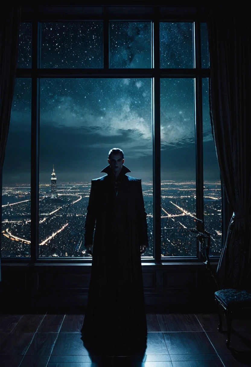 A world of darkness. The vampire of the Ventru clan stands in a dark room in front of a panoramic window on the 125th floor. It's night outside, there are stars in the sky.