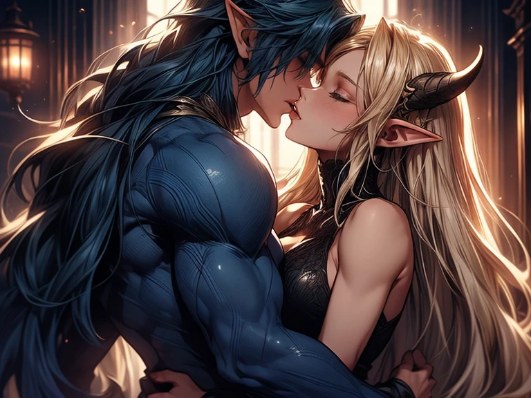 (female blonde elf and male dark blue haired elf) (male elf with big muscles and long dark blue hair) a tall long haired male elf with dark blue long hair and big muscles and demon horns kisses a female blonde elf, tongue kiss, lovers, intense kiss 